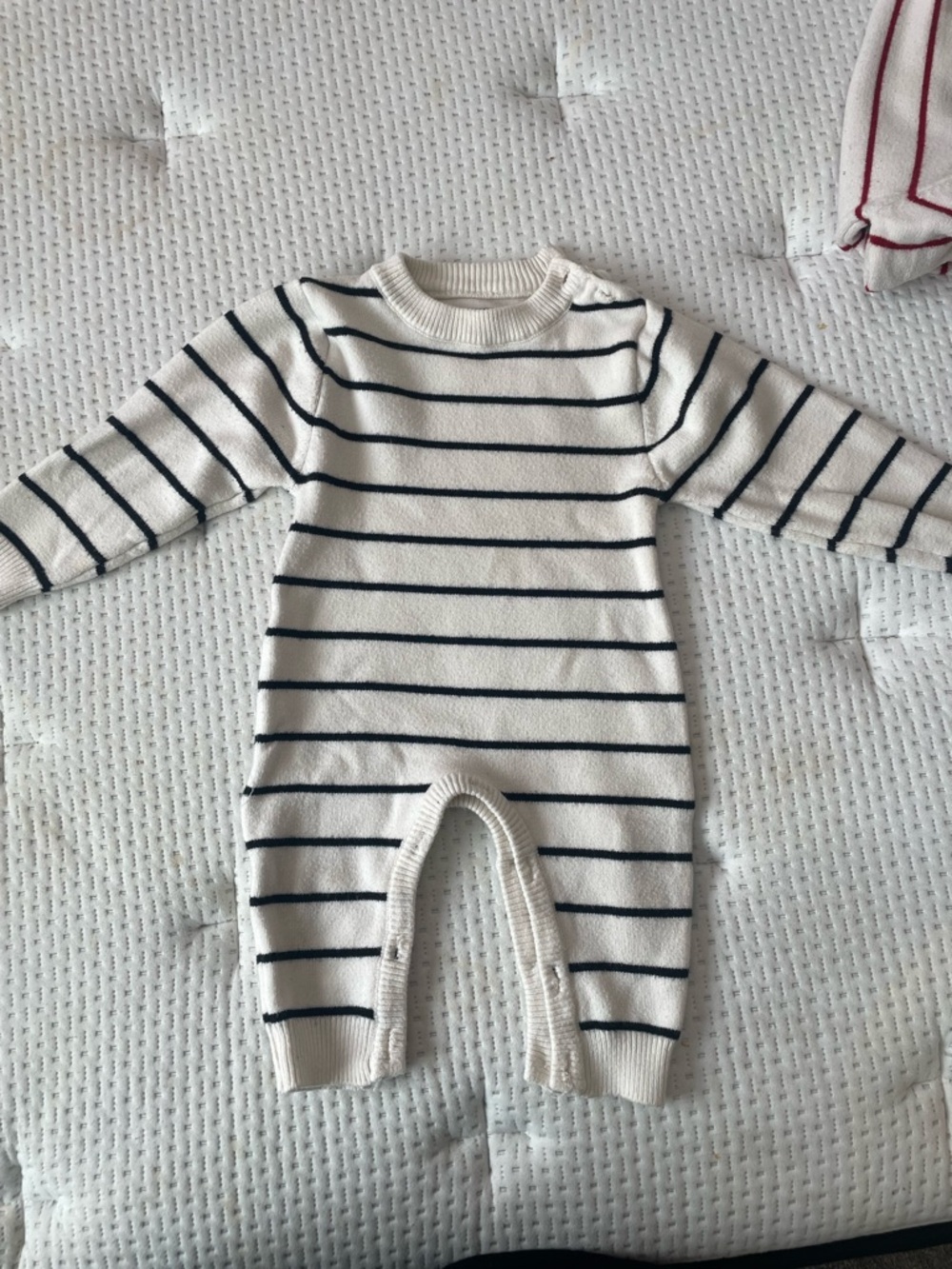 Striped Knit Baby One-Piece Romper in White and Navy